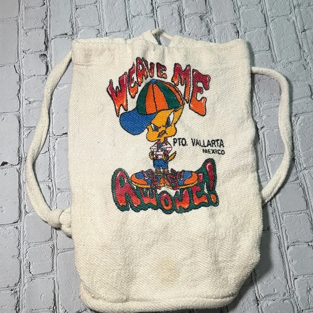 Tweety Bird Beach Bag Backpack “Weave me Awone!” Puerto Vallarta Mexico Souvenir